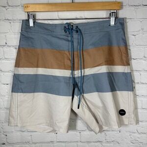 RVCA Mens Board Shorts Size 30 Blue Brown Striped Colorblock Swim Trunks Surf